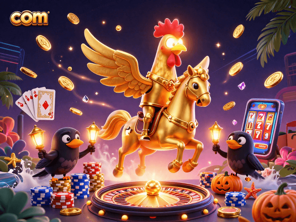 Experience thrill and excitement at com with vibrant casino action featuring golden rooster and cascading coins.