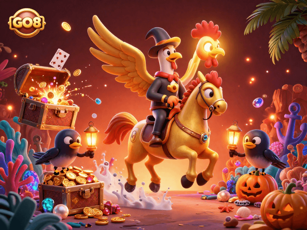 Experience the excitement of GO8 with our vibrant casino scene featuring a golden rooster and mystical companions.