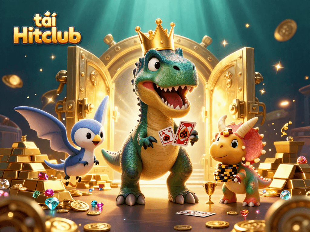 Engage in thrilling gameplay as you tải Hitclub, with a playful T-Rex shuffling cards and a baby triceratops stacking golden chips.