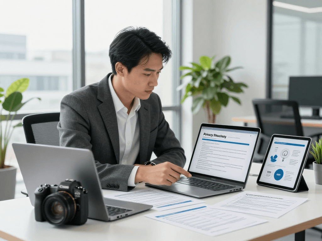 Startseite für Datenschutzexperten, die Lösungen in einem modernen Büro präsentieren.