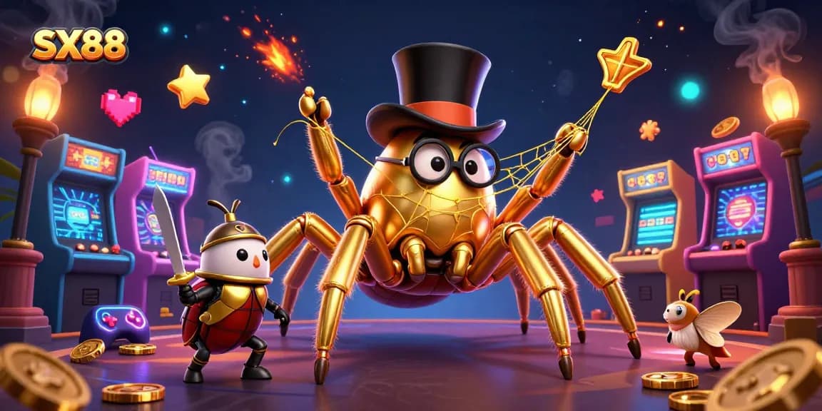 SX88 brings excitement as a golden tarantula weaves luck for players in a vibrant casino.