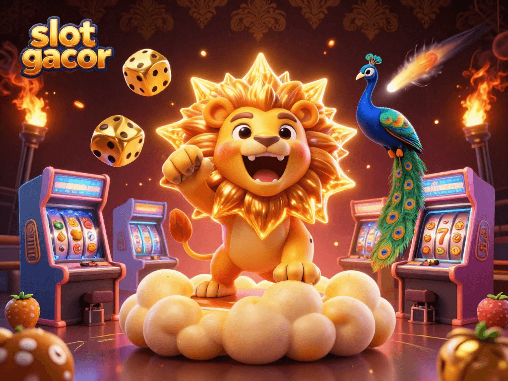 Experience vibrant slot gacor gameplay with a 3D cartoon lion roaring amidst dynamic casino elements.