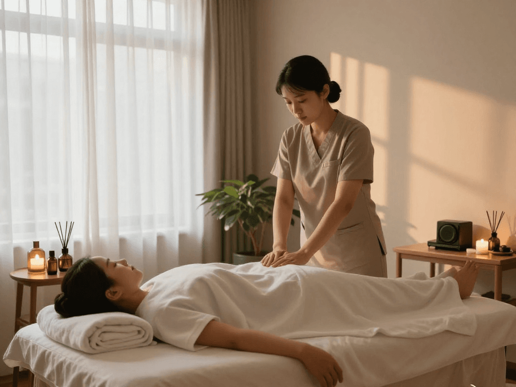 Experience high-quality 마포출장마사지 in a serene massage therapy room with calming lights and essential oils.