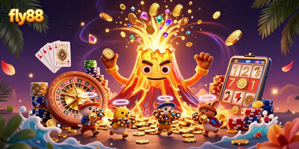 Experience the excitement of fly88 with golden treasures and casino elements in an engaging 3D scene.