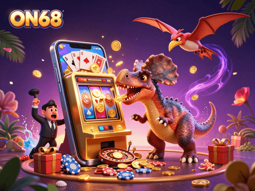 Coins erupt as ON68's pachycephalosaurus hits the slot machine, creating a vibrant casino scene.