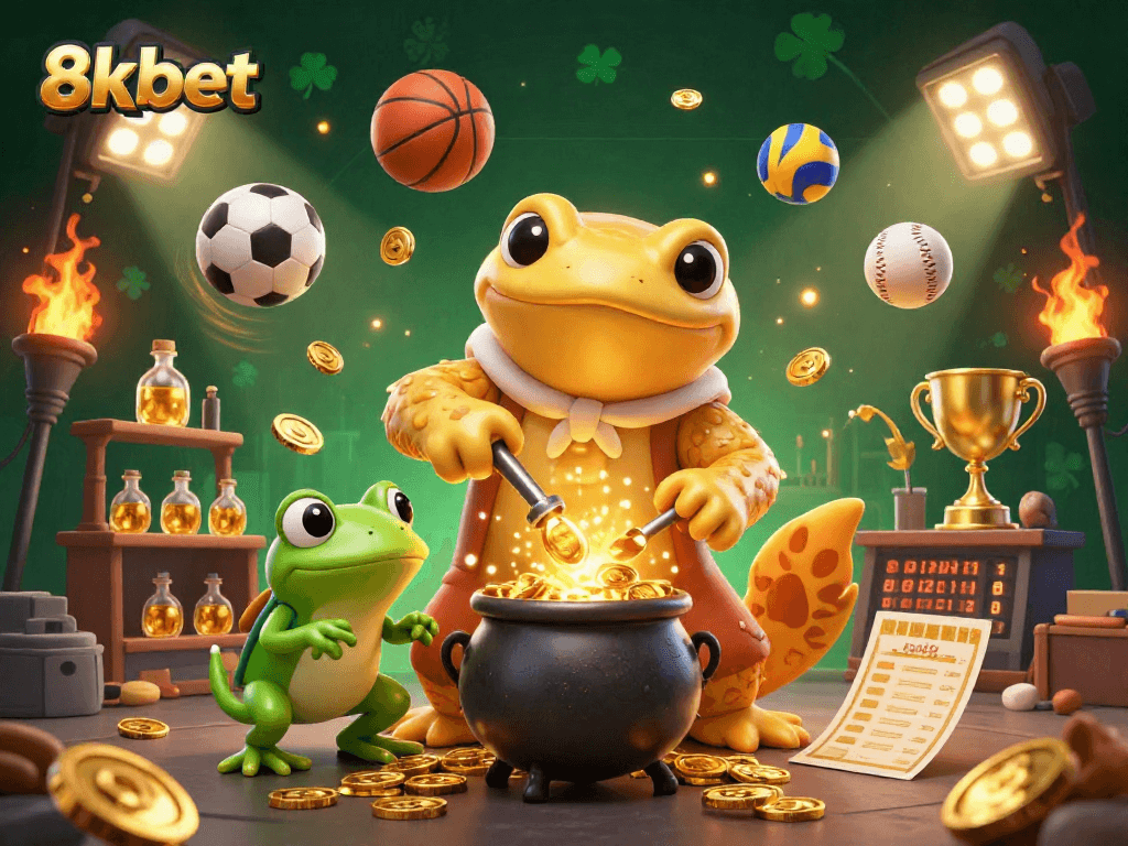 Enter the vibrant world of 8xbet with a 3D illustration of a golden salamander alchemist amidst sports betting elements.