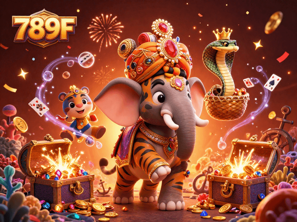 Experience the excitement of 789F with a vibrant casino-themed 3D illustration featuring a majestic elephant and treasures.