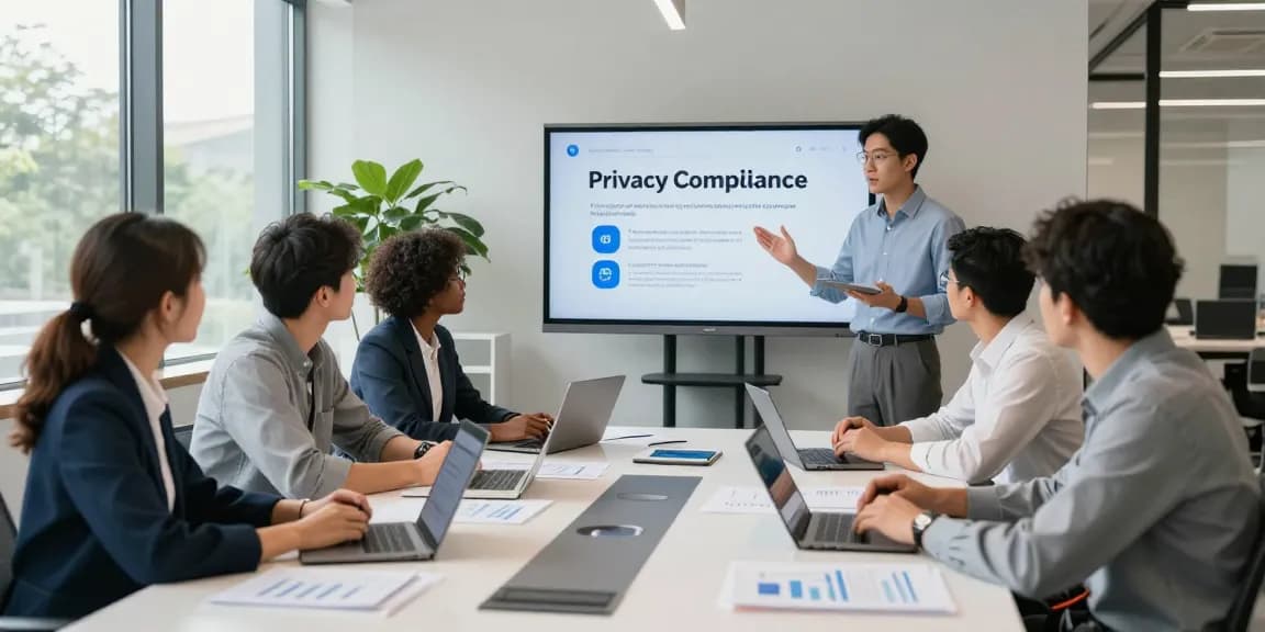 A collaborative team meeting on privacy compliance strategies at Startseite, showcasing data protection initiatives in a modern office environment.