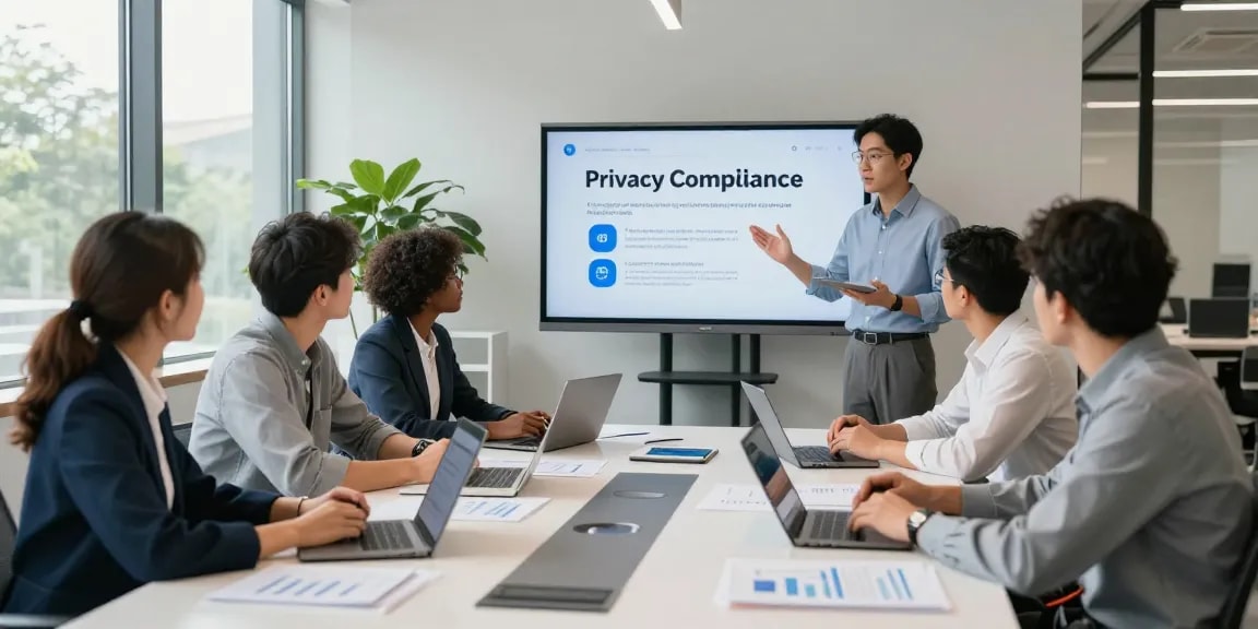 A collaborative team meeting on privacy compliance strategies at Startseite, showcasing data protection initiatives in a modern office environment.
