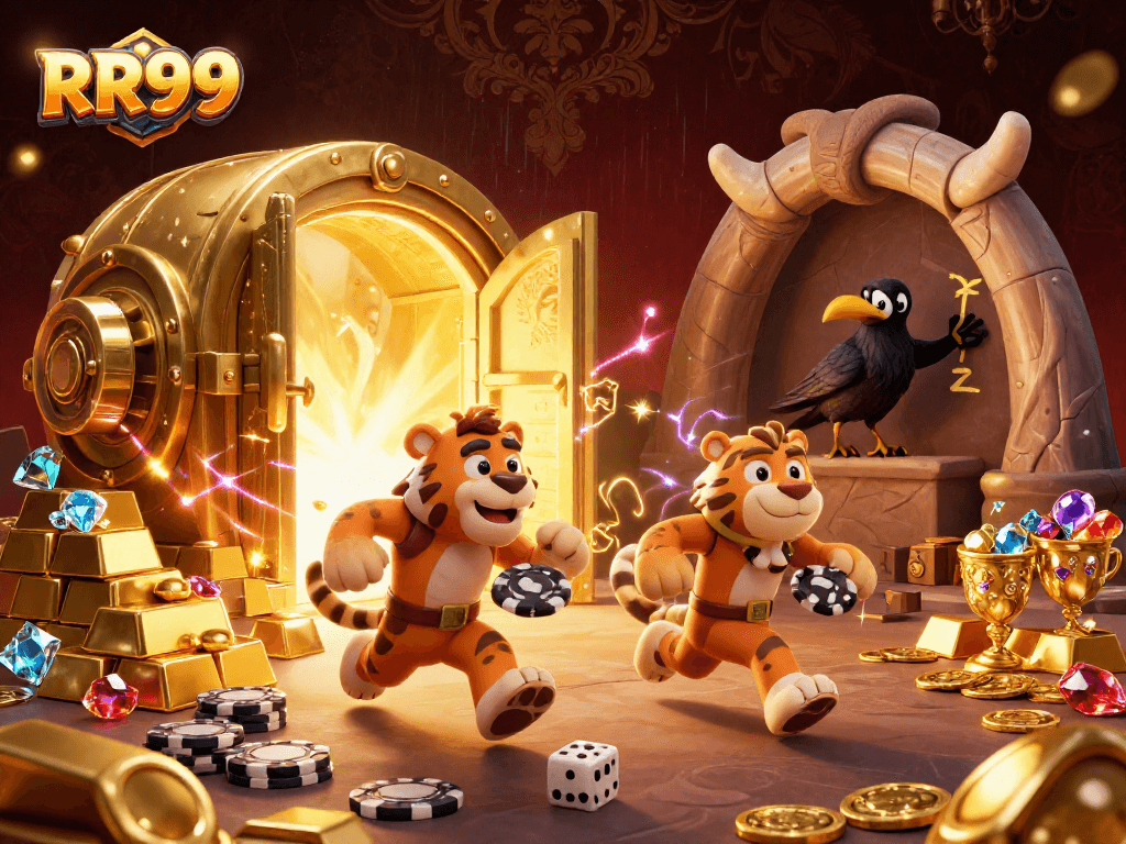Experience the excitement of RR99 with a vibrant prehistoric casino scene, featuring unique characters and rich treasures.
