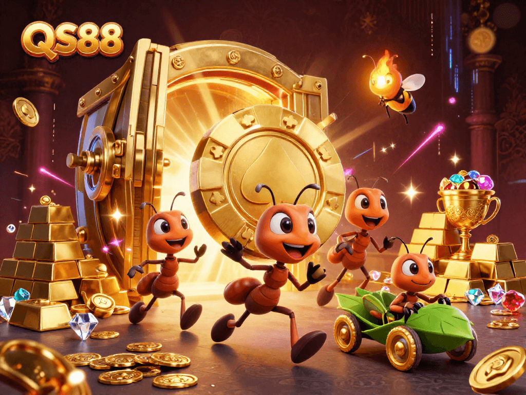 QS88 showcases a whimsical heist scene with cartoon ants and treasures, capturing gambling excitement.