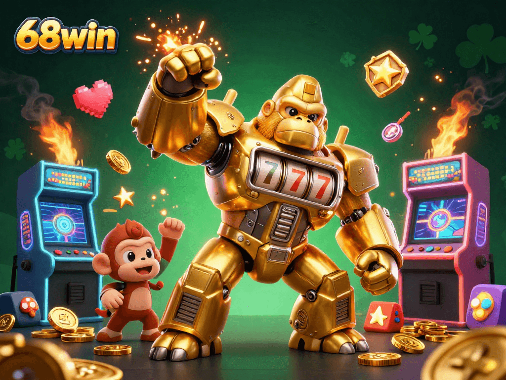 Experience excitement at 68win with a dazzling 3D casino scene featuring dynamic game characters.