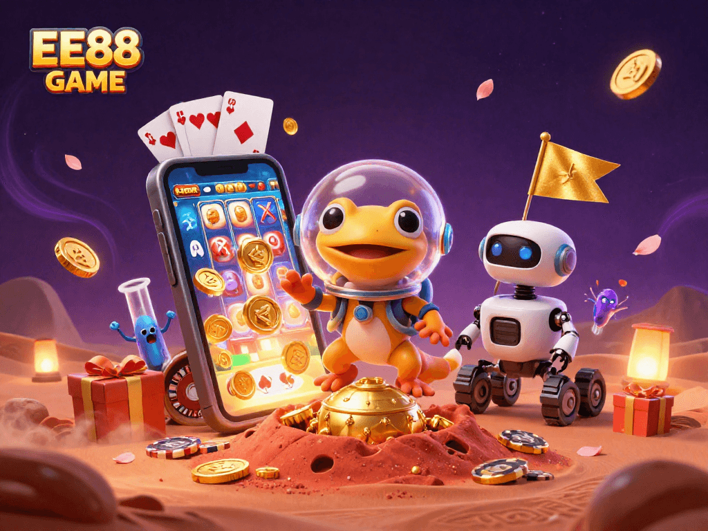 Join the Martian gecko in the EE88 GAME casino adventure, surrounded by exciting game elements!