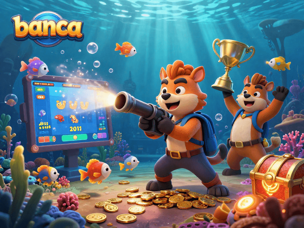 Banca's vibrant fish shooting game scene featuring hyena characters engaging with colorful aquatic life and game elements.