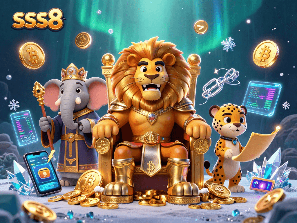 Engage in thrills at sss8 with a powerful lion king, crypto coins, and vibrant casino elements.