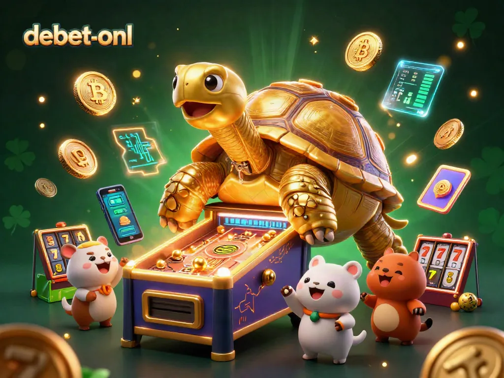 Experience the excitement of debet-onl with a vibrant, animated casino scene full of games and energy.