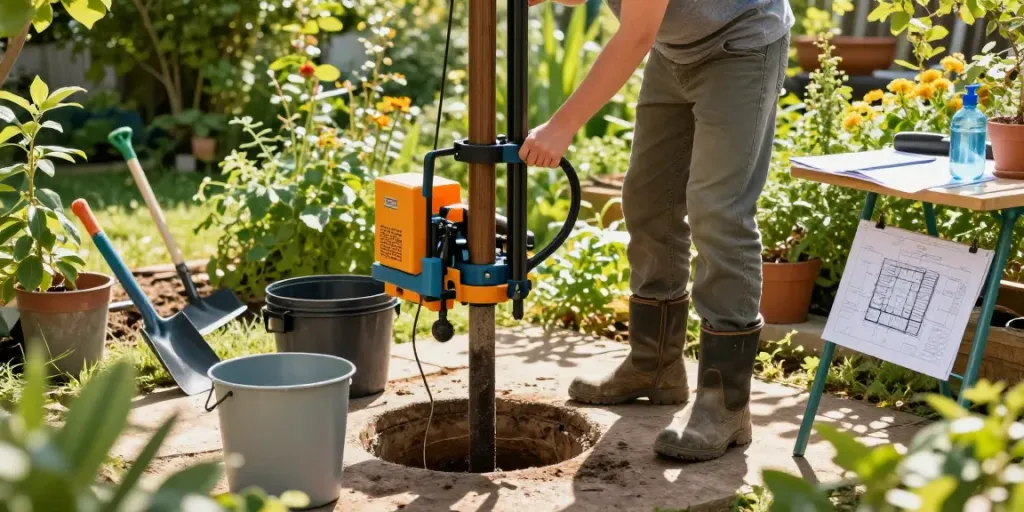 Brunnenbohrer im Einsatz für nachhaltige Wasserentnahme im Garten.