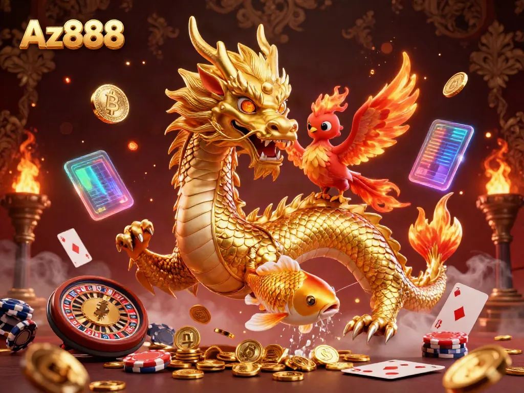 Experience Az888 through a captivating 3D illustration featuring a dragon and phoenix playing in a vibrant casino.