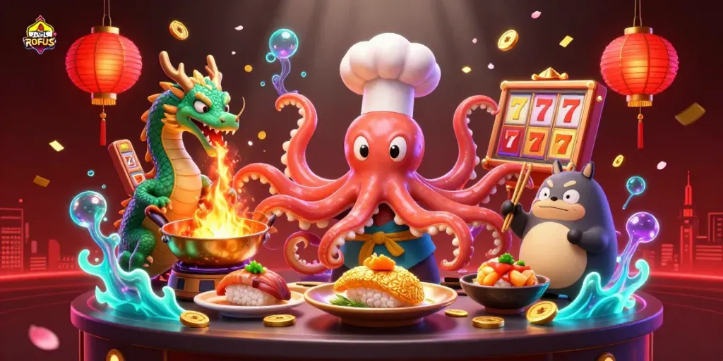 Engage with thrilling games at spil uden om ROFUS amidst vibrant characters and dynamic casino elements.