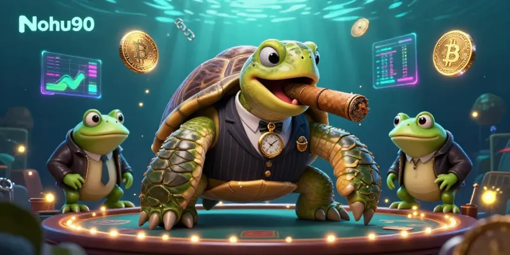 Experience the thrill with Nohu90 in a vibrant, action-packed casino scene featuring a mobster turtle and bullfrog enforcers.