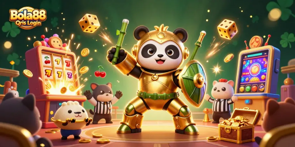 Experience dynamic action with Bola88 Qris Login in a vibrant 3D casino scene bursting with excitement.