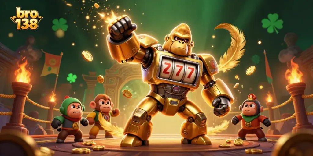 Join the excitement of bro 138 slots with a golden gorilla mech surrounded by vibrant casino elements.