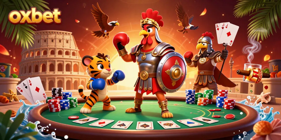Engage in thrilling gameplay at Oxbet with a dynamic rooster warrior and poker elements in a 3D arena.