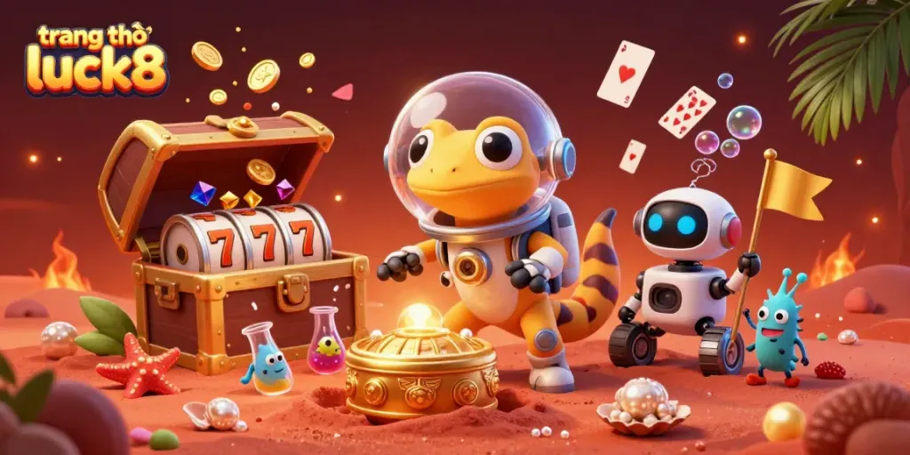 Experience the thrilling atmosphere of trang chủ luck8 with a Martian gecko exploring a golden casino amidst vibrant elements.