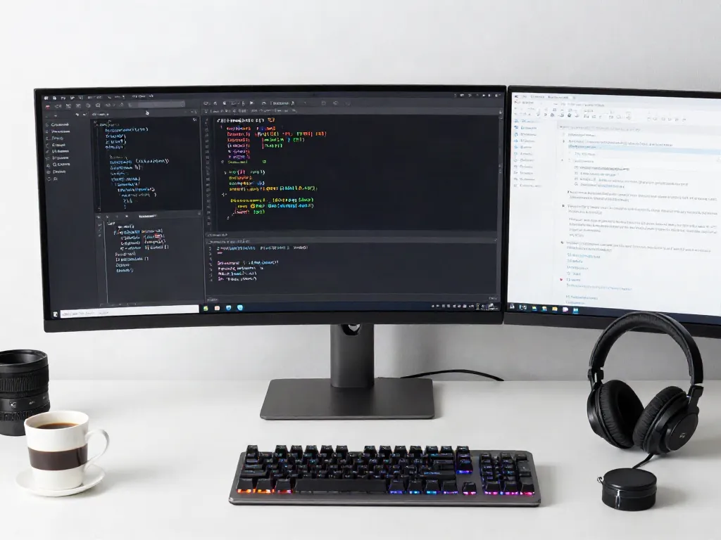 Barkaution oder Mietkautionsbürgschaft im Vergleich, moderner Softwareentwicklungsarbeitsplatz mit Programmiercode und Cloud-Technologie.