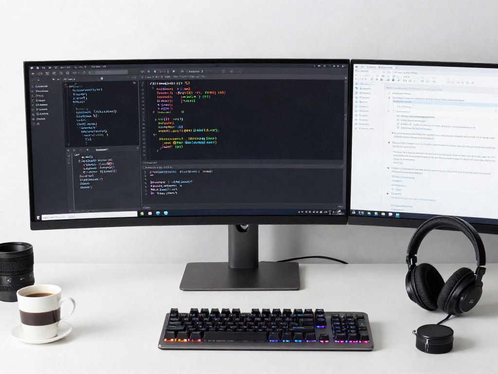 Barkaution oder Mietkautionsbürgschaft im Vergleich, moderner Softwareentwicklungsarbeitsplatz mit Programmiercode und Cloud-Technologie.