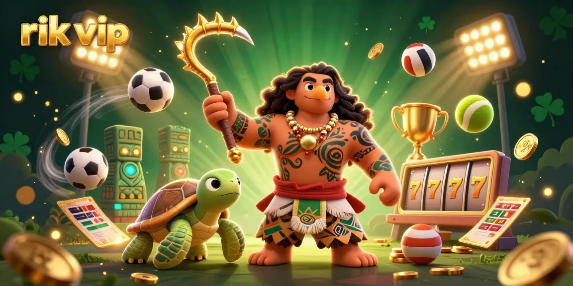 Engage with rik vip casino action in a vibrant scene filled with colorful sports elements and animated characters.