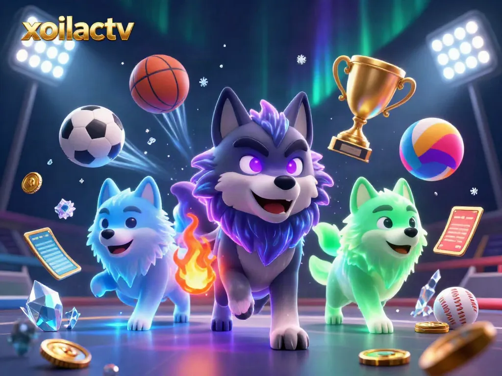 Xoilactv features a dynamic 3D illustration of shadow wolf characters surrounded by sports elements, showcasing online gambling.