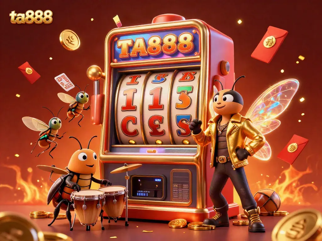 Engage with ta888's exciting slot machine action featuring a lively cicada rock star and festive elements.