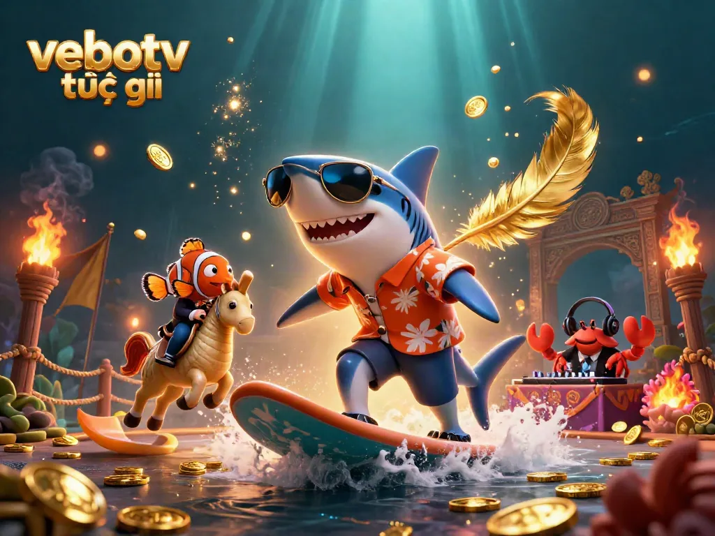 Experience vebotv trực tiếp with a vibrant 3D illustration capturing a fun, active underwater scene filled with gold coins and oceanic creatures.