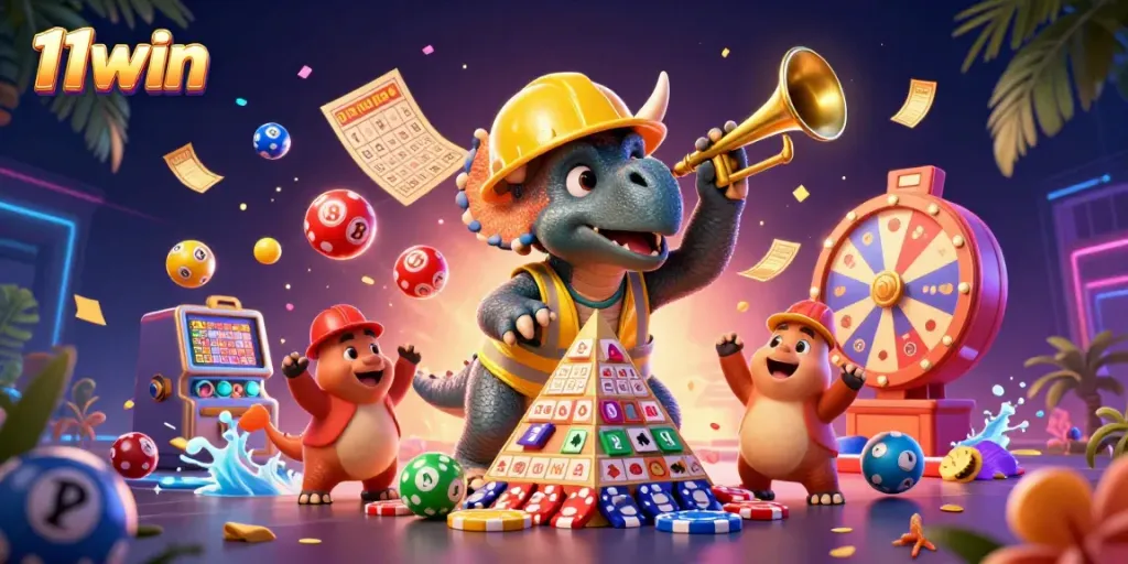 Experience gaming excitement with 11win as a triceratops builds a poker chip pyramid.