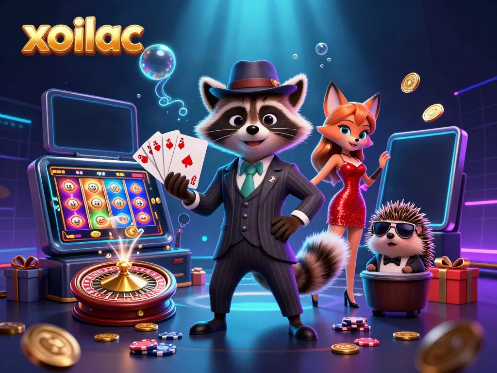Bet and win with xoilac's vibrant casino scene showcasing a raccoon holding a royal flush.