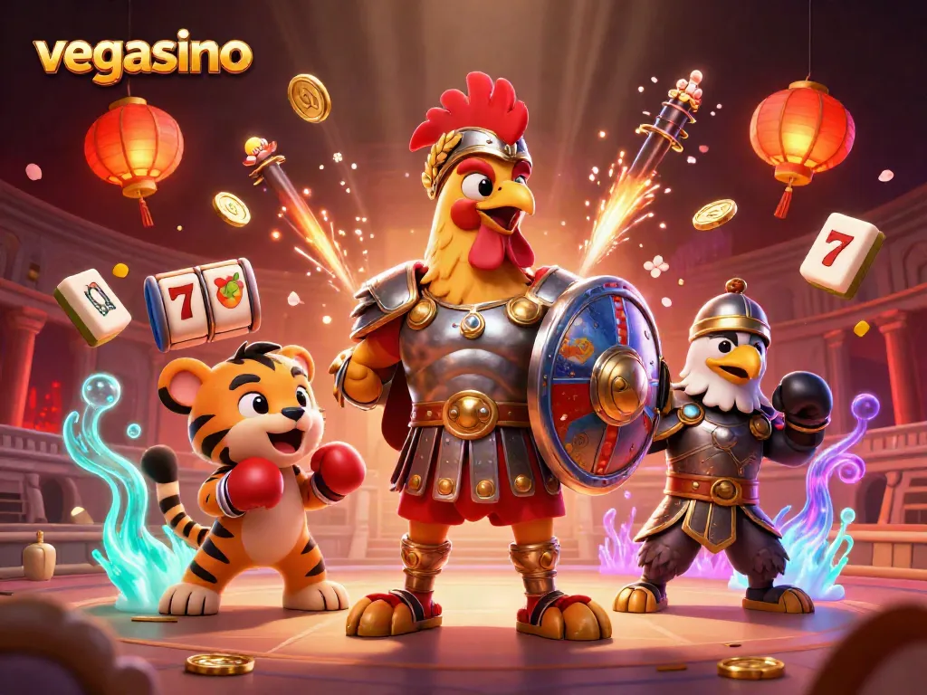 Experience thrilling gaming with Vegasino: vibrant 3D scene of a gladiator rooster and gaming elements