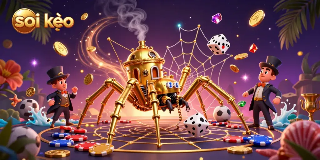 Soi kèo: 3D steampunk spider captures dice while fly gentleman observes in a vibrant betting scene.