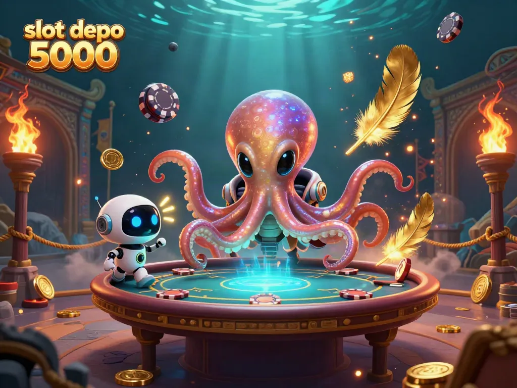 Engage in thrilling gameplay at slot depo 5000 with floating poker tables and cosmic elements.