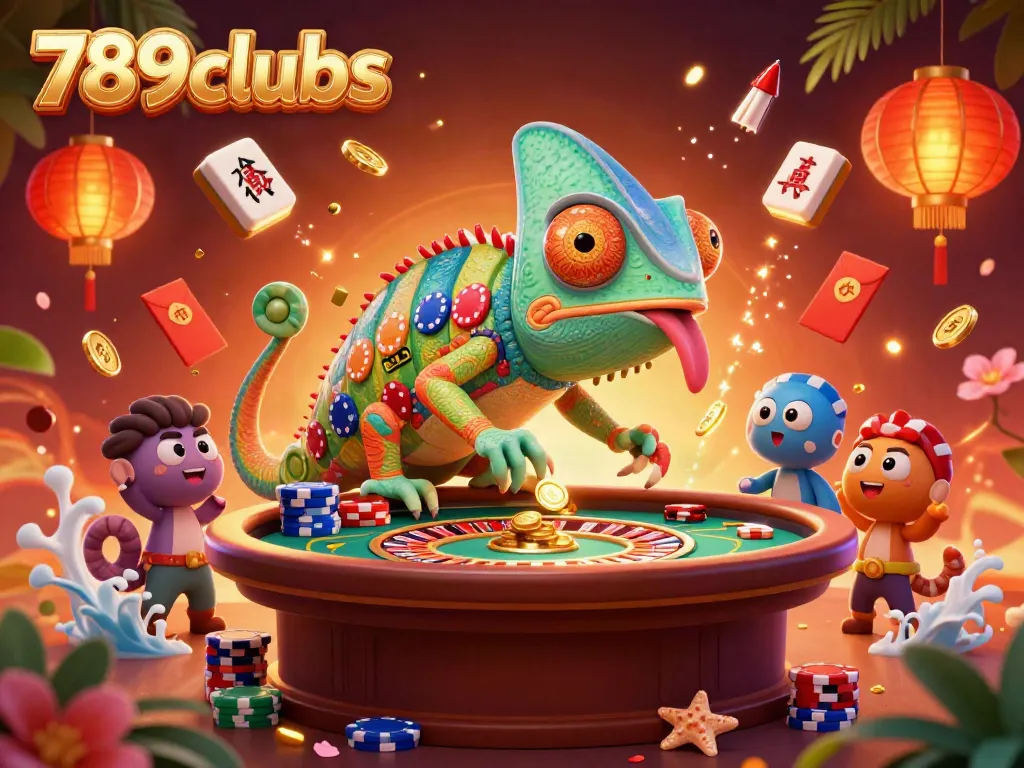Engaging scene of 789clubs with a vibrant chameleon casino owner and festive game elements