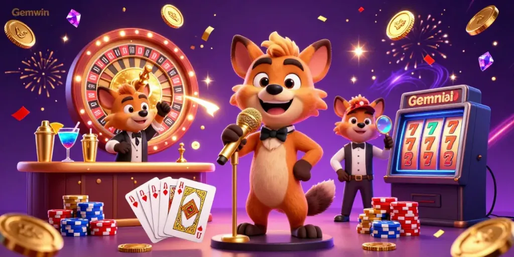 Experience the excitement of Gemwin with hyena characters in a dynamic comedy casino scene.