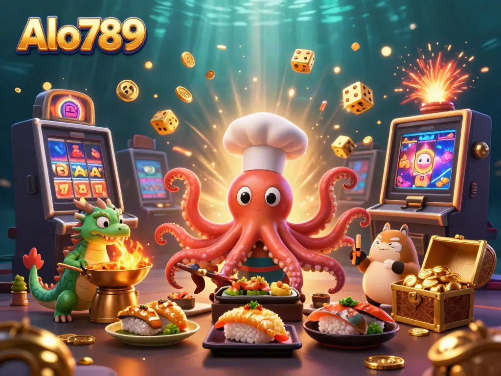 Experience gaming excitement with Alo789's vibrant scene featuring a sushi chef octopus, dragon, and tanuki among dazzling casino elements.