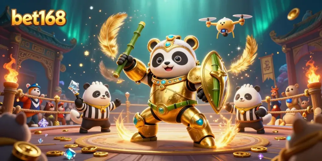 Engage with bet168 in a thrilling scene featuring a golden panda robot in a dynamic casino arena.