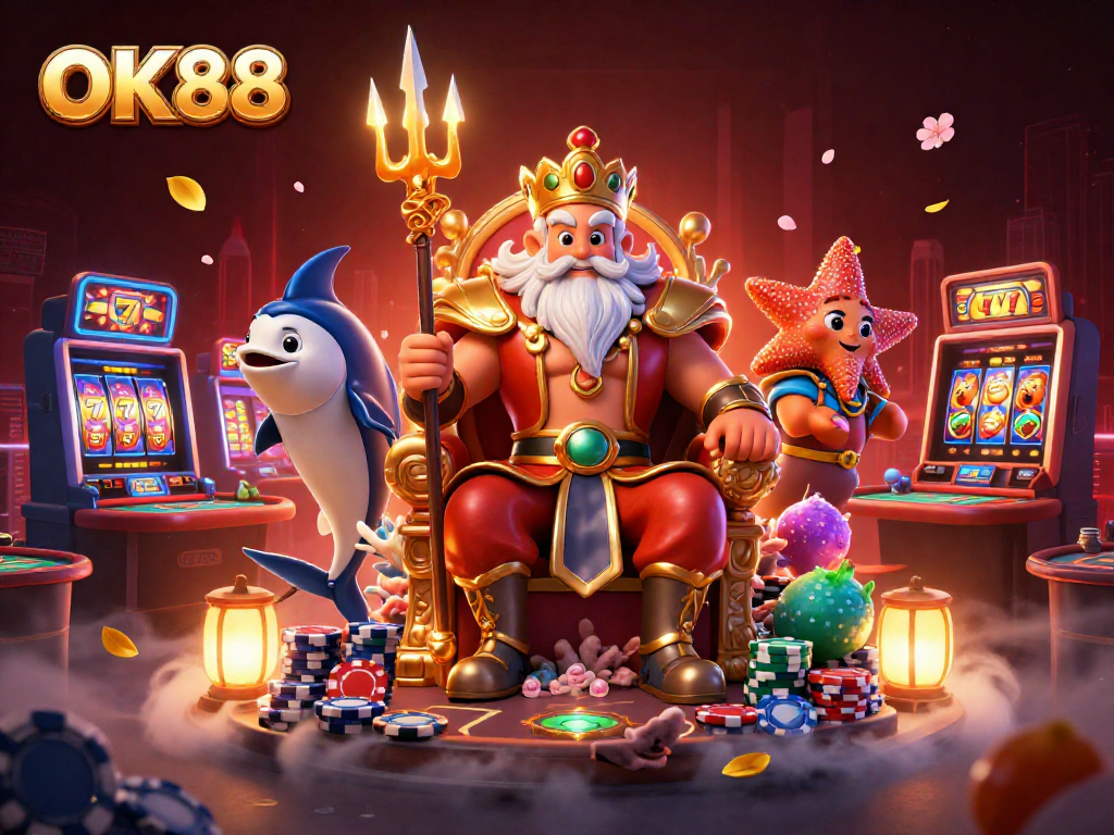 Experience the vibrant world of OK88 with Neptune and his samurai guard in an exhilarating casino setting.