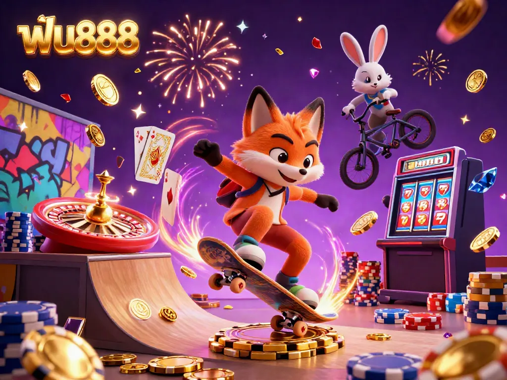 Experience exciting gameplay at ฟัน888 with a 3D skateboarder fox and BMX rabbit amidst cascading casino elements.