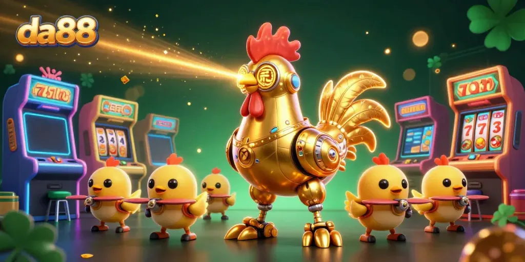 Engage with da88’s vibrant casino world, featuring a golden rooster robot and arcade machines.