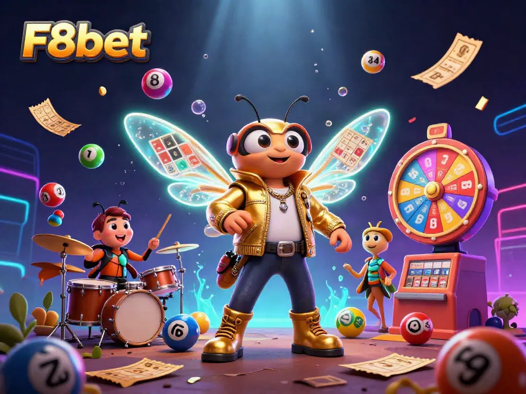 Experience the excitement of F8bet with a vibrant 3D scene featuring dynamic lottery elements and a lively musical theme.