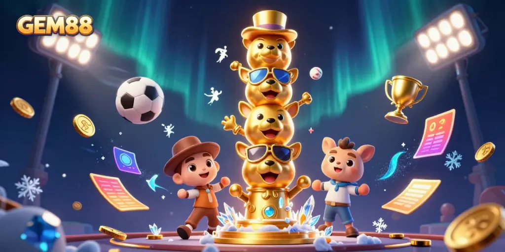 Experience thrilling action at GEM88 with vibrant sports elements and a golden totem of fortune.