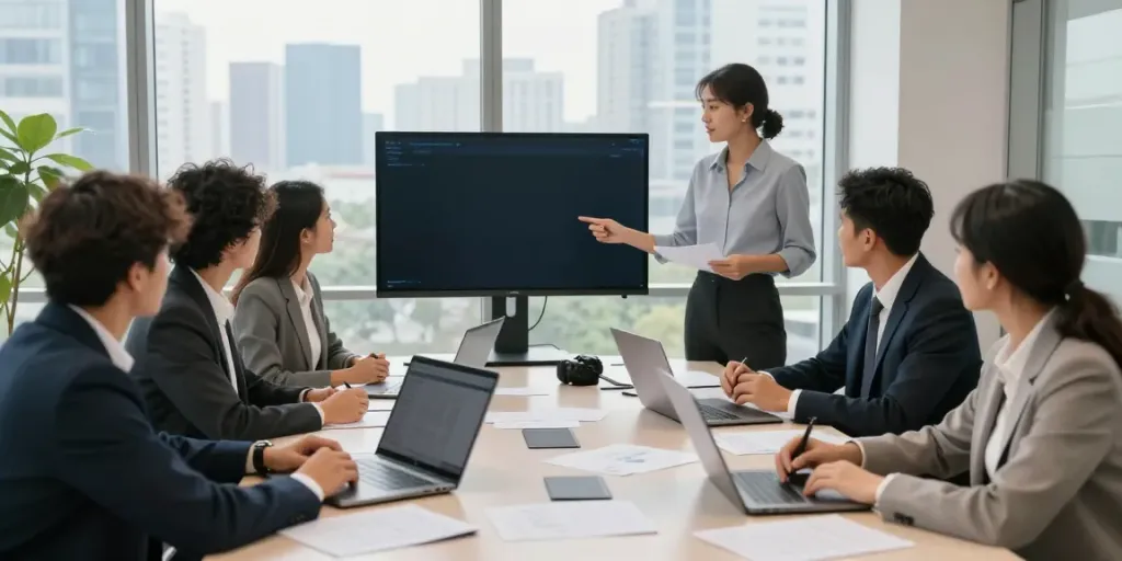 Colaboración en oficina moderna con profesionales discutiendo sobre bbva empresas y presentando proyecciones financieras.