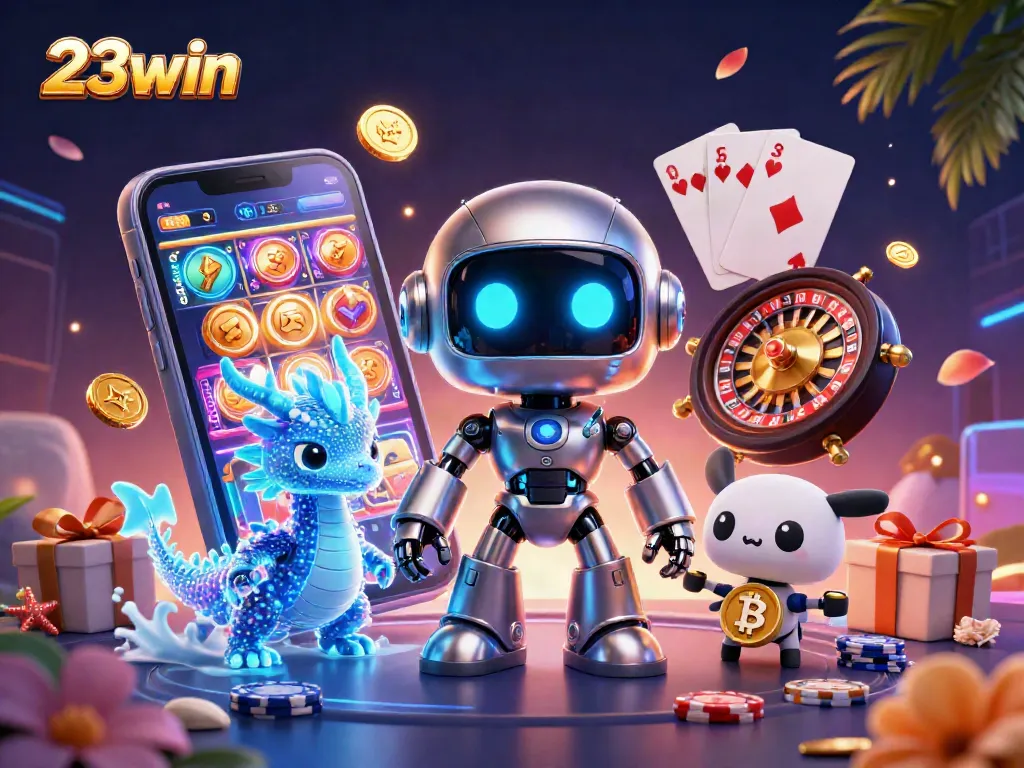 Engage with 23win's vibrant casino scene featuring a cyberpunk robot, AI dragon, and bitcoin drone.
